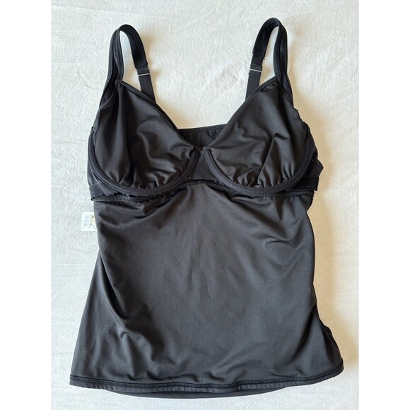 Lands End Womens 16 W Wrap Front Swim Top Black Solid Tummy Control Tankini - Picture 3 of 10